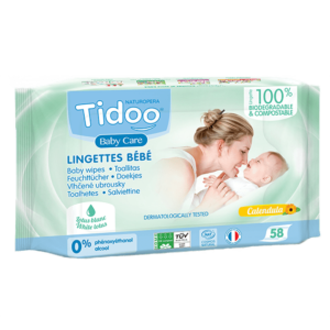 TIDOO 58 lingettes bébé bio Lingette bébé ultra doux parfumé lotus blanc , 100% biodégradable au calendula