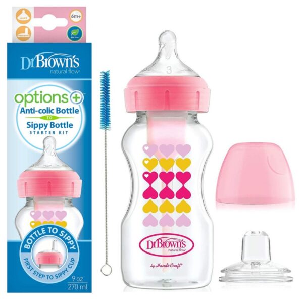 Dr. Brown’s OPTIONS+ WIDE-NECK BABY BOTTLE WITH SIPPY SPOUT 2-IN-1 TRANSITION KIT Rose 270 ml ( compatible avec l’allaitement)