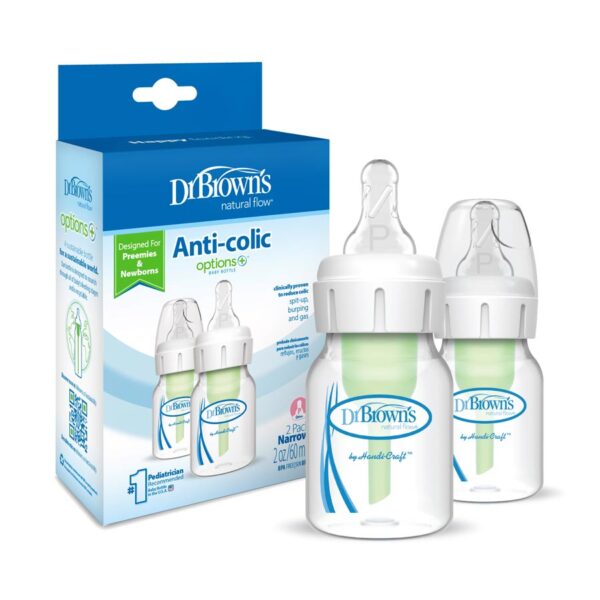 Dr. Brown’s Natural Flow® Anti-Colic Narrow Baby Bottle, 2oz/60mL with Preemie Flow™ Nipple, 2-Pack