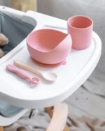 YUMMY Coffret Repas en Silicone - Bol Verre Deux Cuillères - 4M+ Rose Poudre